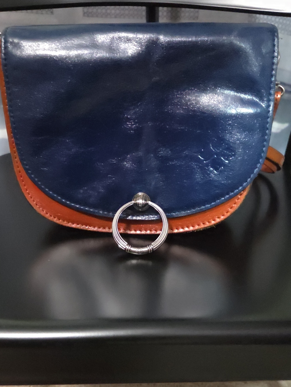 Patricia  Nash - Navy and Brown Leather Crossbody Bag with Silver Ring Detail